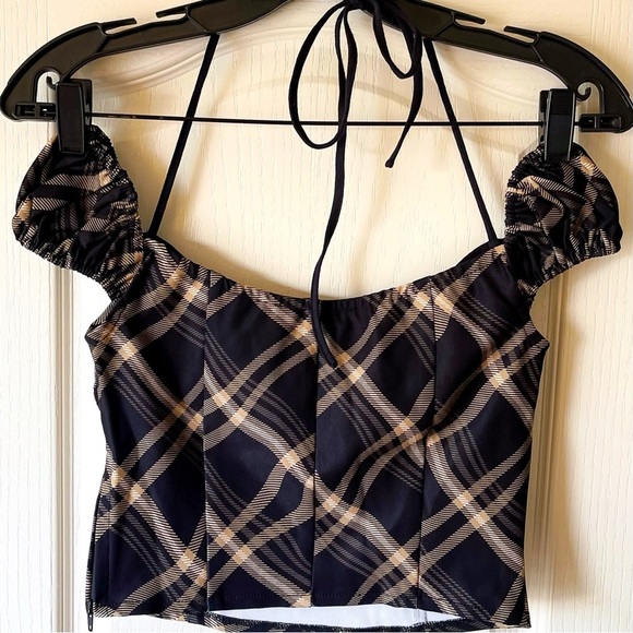 I.AM.GIA Carmel Top Black Check Plaid Halter-Tie Puff Sleeve XS EUC - Picture 5 of 10